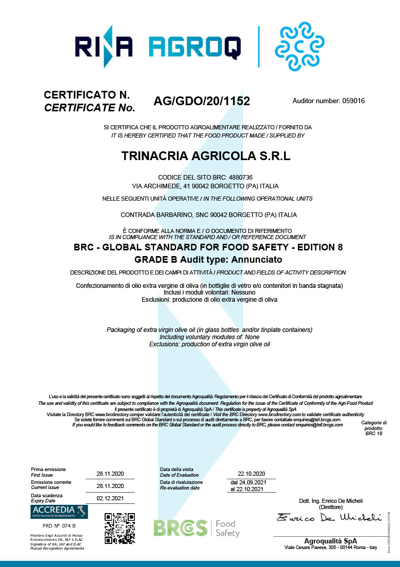 Certificazione BRC Food - Azienda - Frantoi Saalga