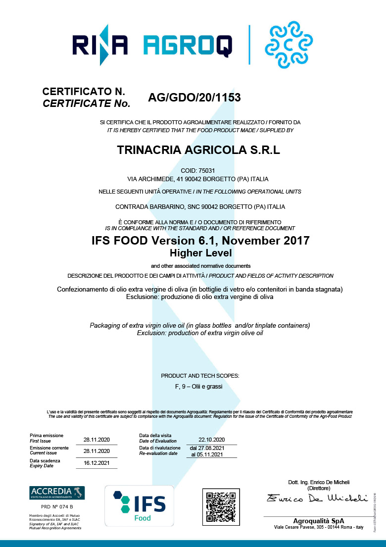 Certificazione IFS Food – Azienda – Frantoi Saalga